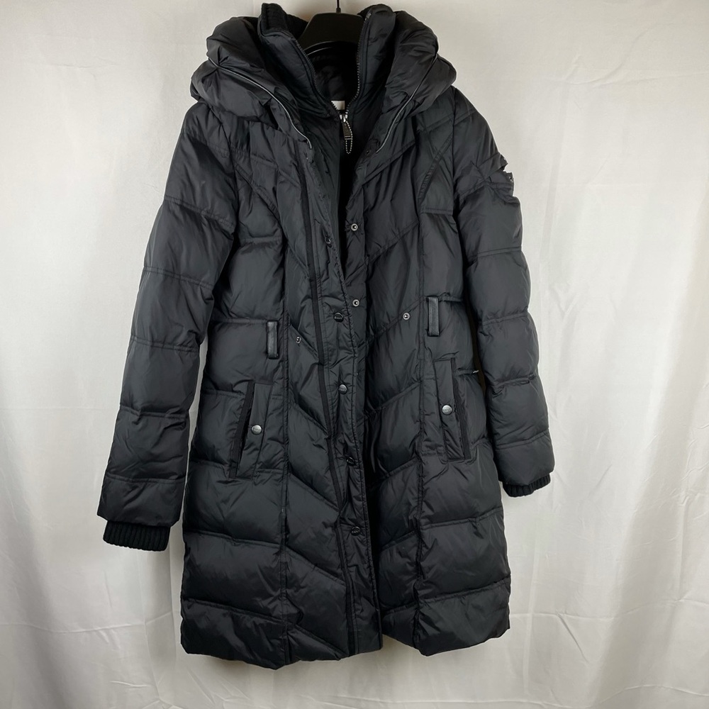 DKNY black long puff down full winter jacket zipper button XS